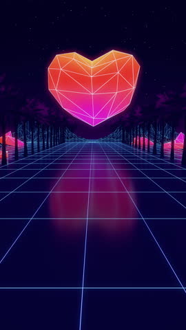 Low poly duotone Heart. Glowing neon, light grid landscapes. Palms. Animation grid, 80s Retro Sci-fi vertical background. Cyberpunk. Retrofuturism. Synthwave. Retrowave. Looping animation Royalty-Free Stock Footage #3448919197