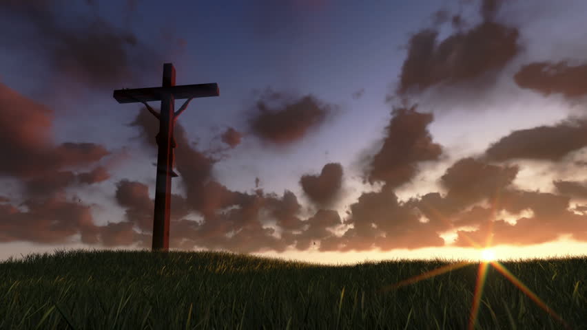 Jesus on Cross, meadow and timelapse sunrise