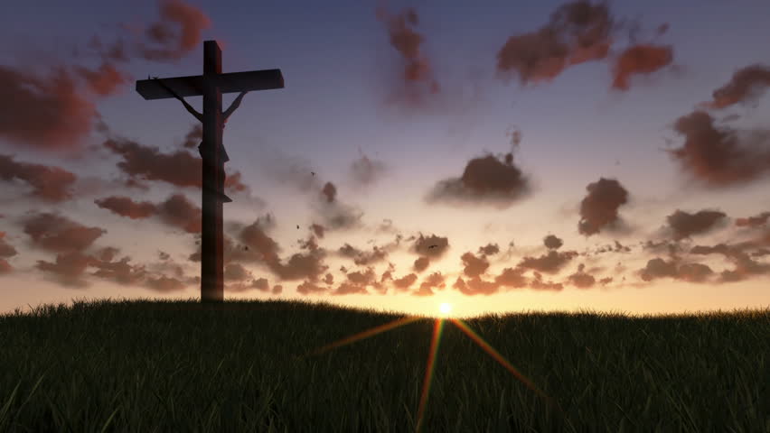 Jesus on Cross, meadow and time lapse sunrise, night to day