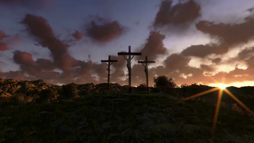 Jesus on Cross, meadow with olives, time lapse sunrise