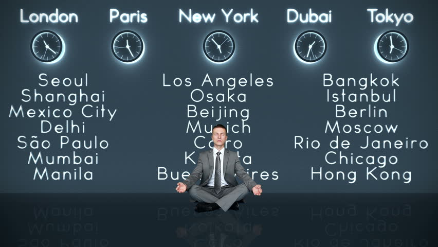 Businessman Meditating with World Clocks and Big Cities on Background in Dark