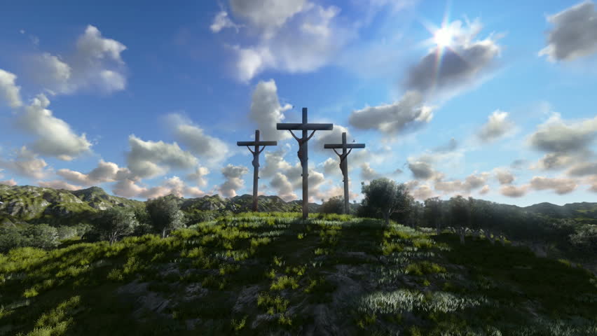Jesus on Cross, meadow with olives and time lapse clouds