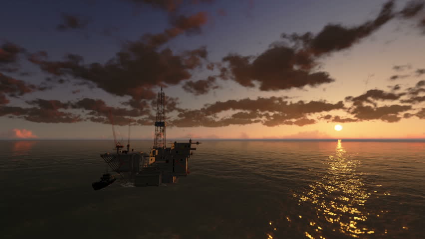 Oil Rig in Ocean, time lapse clouds at sunset