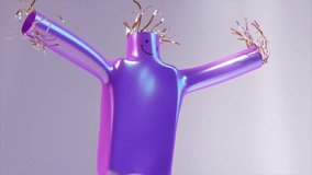 Animation of air doll dancing. Funny cartoon characters isolated on white background. Close up. Gleeful purple figure with outstretched arms and golden confetti. 3D Illustration - Powered by Shutterstock - Get 15% off with code: PIKWIZARD15
