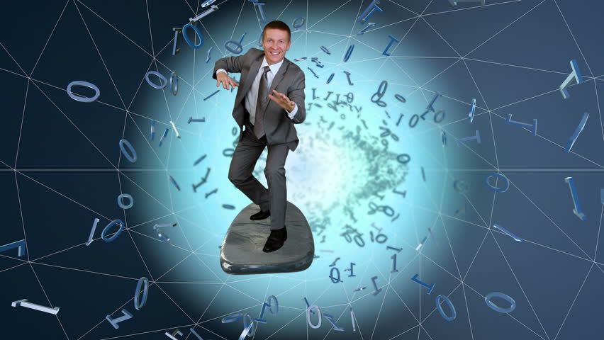 Businessman surfing on a wireframe tunnel surrounded by binary numbers