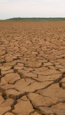 CLOSE UP: Big area of cracked soil caused by long draught. Brown desiccated land with ground cracks and no vegetation. Dry landscape with crack pattern caused by lack of water. Royalty-Free Stock Footage #3449015811