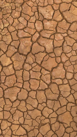 AERIAL TOP DOWN: Aerial top down view of cracked land caused by long draught. Brown desiccated soil with ground cracks and no vegetation. Dry landscape with crack pattern caused by lack of water. Royalty-Free Stock Footage #3449016181