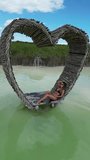 
freedom, Peace and love is the vibe of this video, set in a beautiful green lagoon where a young woman sits in a heart-shaped wooden structure. high quality drone footage for content creators.