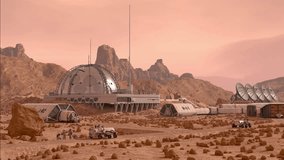 Mars base camp colony, with habitation domes, rovers, antennas, and working astronauts.  - Powered by Shutterstock - Get 15% off with code: PIKWIZARD15