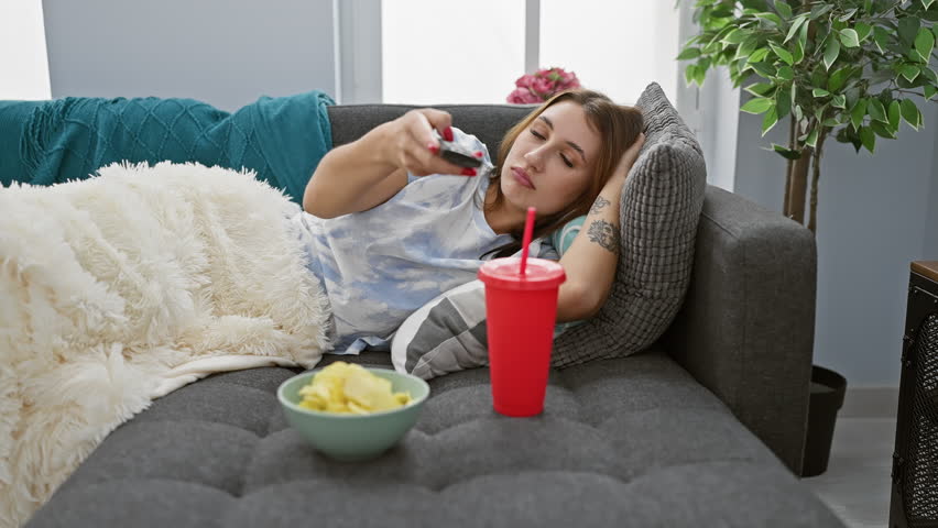 A relaxed young woman lounges on a sofa with a blanket, watching tv and snacking in a cozy living room.