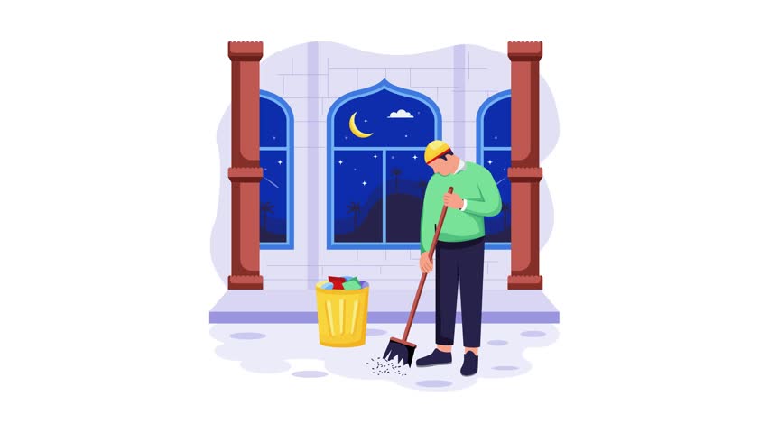 A flat animated illustration of a person cleaning floor 