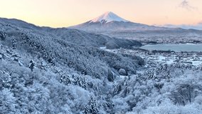 Mount Fuji winter aerial landscape, snowy Fujiyama near Kawaguchiko Lake, natural symbol of Japan in winter with snowy forest at sunrise. High quality 4k footage - Powered by Shutterstock - Get 15% off with code: PIKWIZARD15