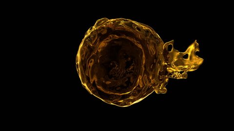 Seamlessly looped colored fluid(motor oil, honey) flows with splashes around sphere, slow motion. Separated on pure black background, contains alpha channel.