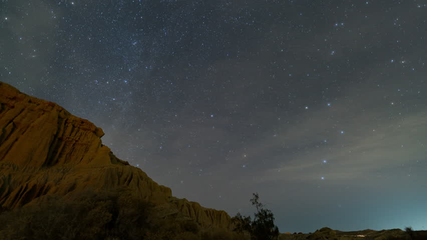 Timelapse of Polaris star over sandstone cliff in Mojave Desert in California, USA