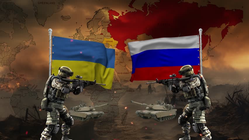 Russia vs Ukraine standing against each other in a war atmosphere. And flags and maps in the background. Royalty-Free Stock Footage #3449312449