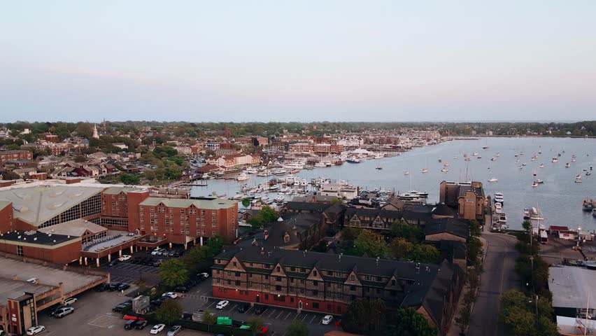 The town of Newport Rhode Island and the surrounding harbor.