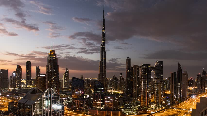 Dubai - Time lapse of cityscape with traffic, aerial view, UAE