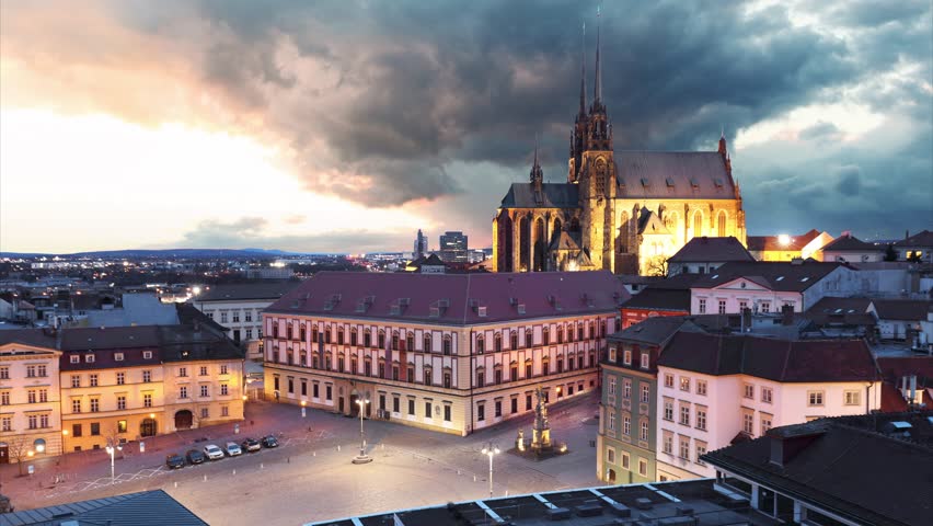 Time lapse of Old Town with Christmas Market and Cathedral of St. Peter and Paul in Brno, Czech Republic as Seen from City Hall Tower at sunset