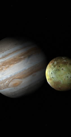 Jupiter planet and Io moon in the outer space. 4K Vertical