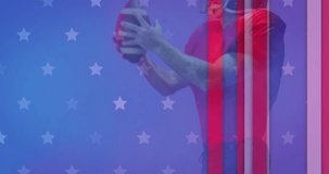 Animation of caucasian american football player and flag of usa. American patriotism, sports and competition concept digitally generated video.
