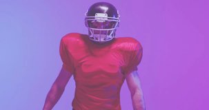 Animation of caucasian american football player and flag of usa. American patriotism, sports and competition concept digitally generated video.