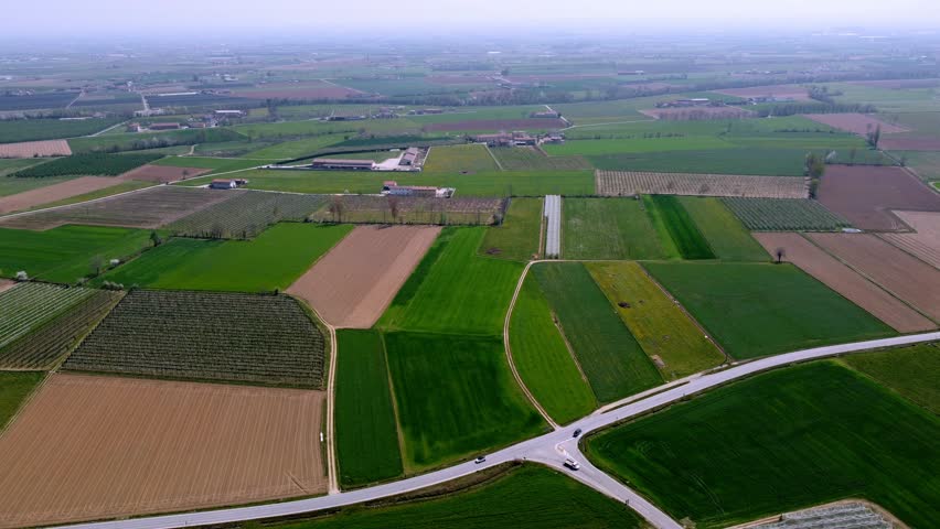 Flying Over Wide Agriculture Green Fields, Countryside Near Turin, Italy