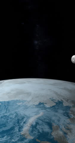 Moon satellite around the planet earth in the outer space. 4K Vertical