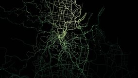 Zoom in road map of Brisbane Australia with green glowing roads on a black background.