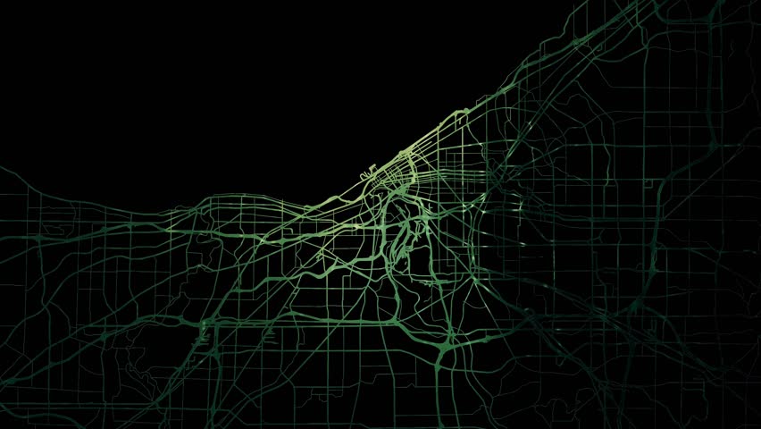 Zoom in road map of Cleveland Ohio with green glowing roads on a black background.
