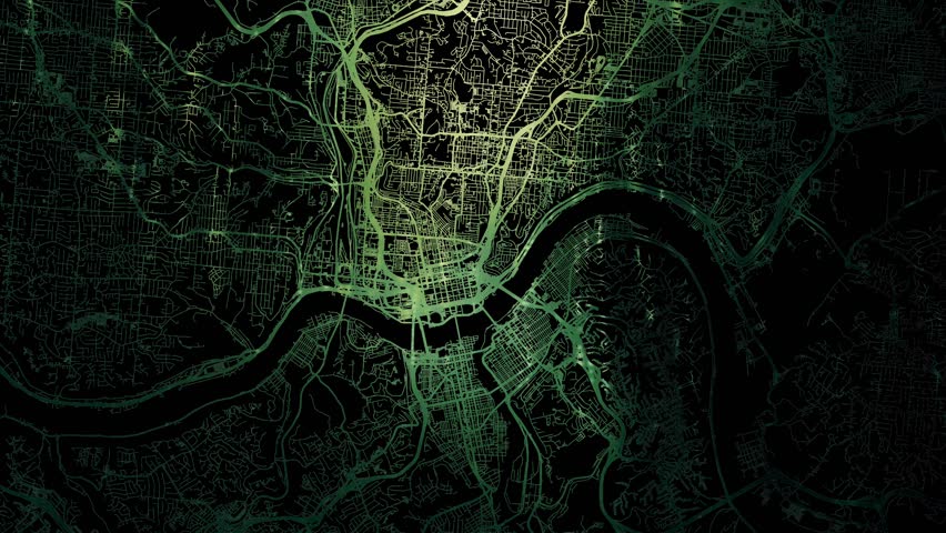 Zoom in road map of Cincinnati Ohio with green glowing roads on a black background.