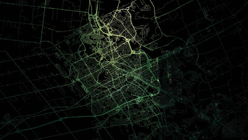 Zoom in road map of Kitchener Canada with green glowing roads on a black background.