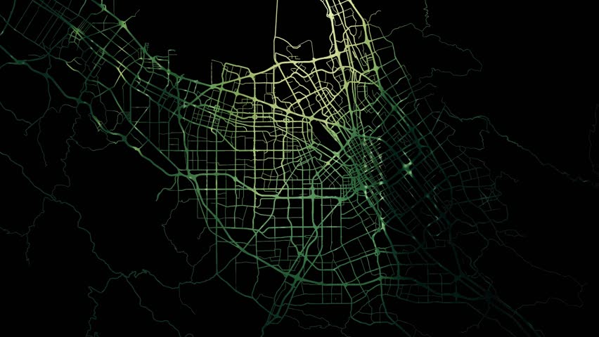 Zoom in road map of San Jose California with green glowing roads on a black background.