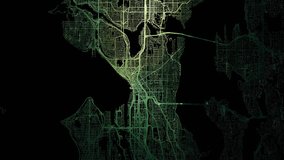 Zoom in road map of Seattle Washington with green glowing roads on a black background.