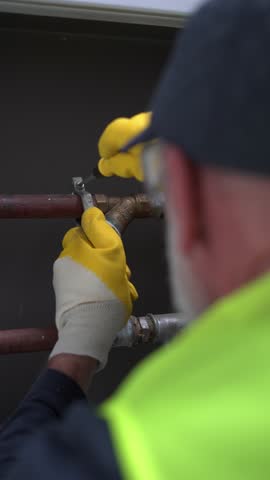Handyman Worker Screwing Up Pipe Installation Wearing Protective Gear, Vertical Video Royalty-Free Stock Footage #3449438401