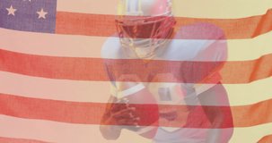 Animation of african american american football player and flag of usa. American patriotism, sports and competition concept digitally generated video.