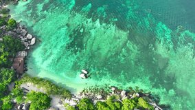 A breathtaking blend of sandy shores, verdant foliage, and a lavish resort, all nestled alongside pristine sea waters. Aerial drone. Koh Tao, Southern Thailand. Tropical sea background. 4K.
