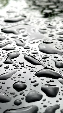 Large drops of water on a black glossy surface	