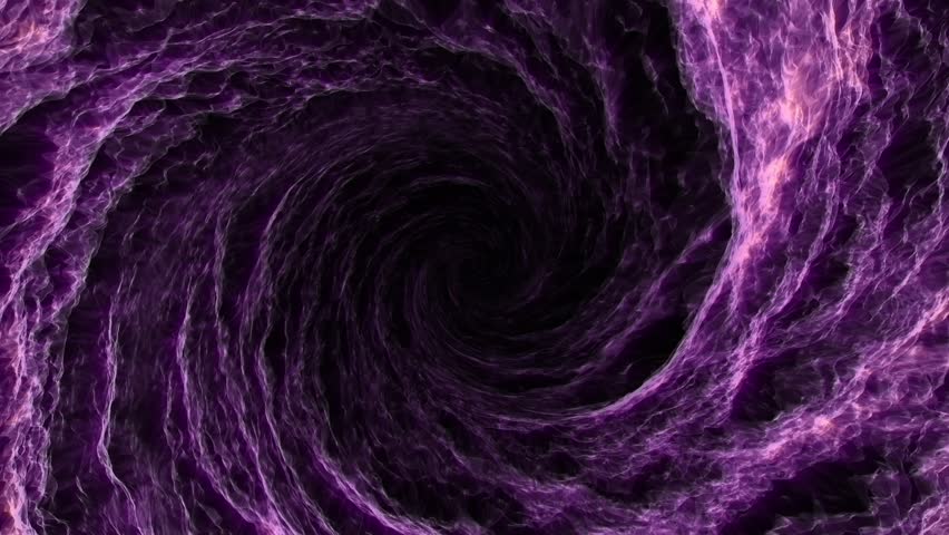 Fire burning swirl made of purple clouds of energy with bright glow effect on a dark background. Randomly spinning and morphing waves of computer generated abstract vortex. Video animation, 4k, 60 fps