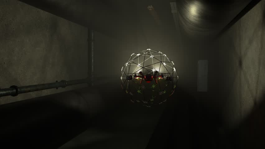 Carbon fiber-clad drone featuring a protective cover, expertly navigating confined spaces, inspecting dark corridors, and efficiently lighting its path for enhanced security and exploration.