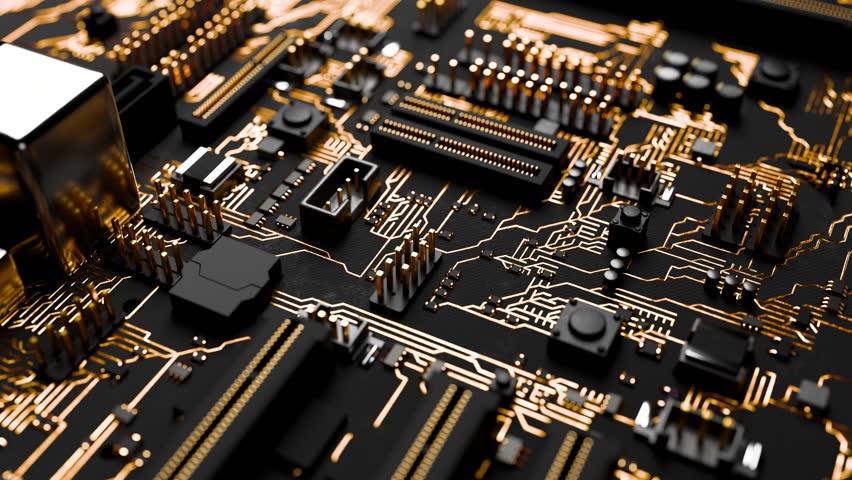 High-resolution image displaying the detailed architecture of a black and gold circuit board with various electronic components. - Powered by Shutterstock - Get 15% off with code: PIKWIZARD15