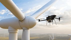 A drone equipped with a camera flies near a large wind turbine, set against a scenic backdrop of a wind farm landscape during the warm light of a sunset. - Powered by Shutterstock - Get 15% off with code: PIKWIZARD15