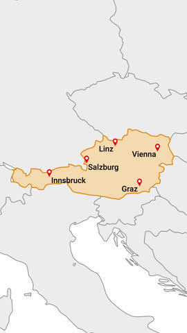 Austria country map on the world map. Vertical Video Animation of map zoom in with border and marking of major cities and capital of the country Austria. Background with alpha channel.