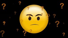 Animation of angry emoji icon with question marks on black background. Social media, digital interface, communication and connection concept digitally generated video. - Powered by Shutterstock - Get 15% off with code: PIKWIZARD15