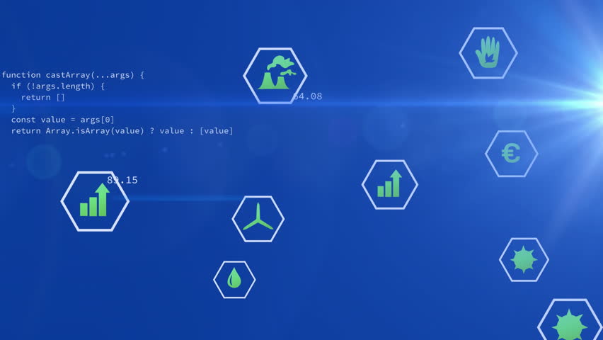 Animation of ecology icons over data processing and world map on blue background. Global ecology, computing and digital interface concept digitally generated video. - Powered by Shutterstock - Get 15% off with code: PIKWIZARD15
