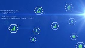 Animation of ecology icons over data processing and world map on blue background. Global ecology, computing and digital interface concept digitally generated video. - Powered by Shutterstock - Get 15% off with code: PIKWIZARD15