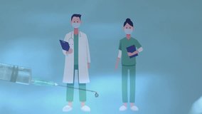 Animation of syringe and social distancing text over doctors icons and cityscape. Global medicine, healthcare, pandemic and digital interface concept digitally generated video. - Powered by Shutterstock - Get 15% off with code: PIKWIZARD15