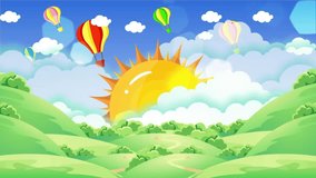 Bright colorful hot air balloons flying in the blue sky behind the sun Video