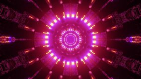 Flying through glowing round abstract neon motion design creating a tunnel