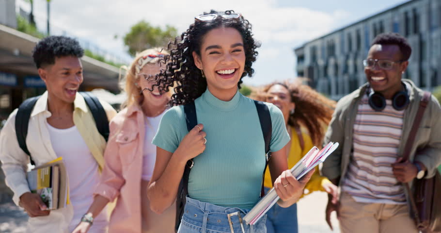 University student group, laugh and hug on walk to class with diversity, care or campus for education. Gen z friends, women and men with smile in timelapse for learning, study and excited at college
