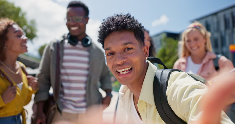 College student, friends and happy with selfie, hug and diversity at campus in summer with peace sign. Gen z group, women and men with emoji, solidarity or excited with social network at university Royalty-Free Stock Footage #3449960853